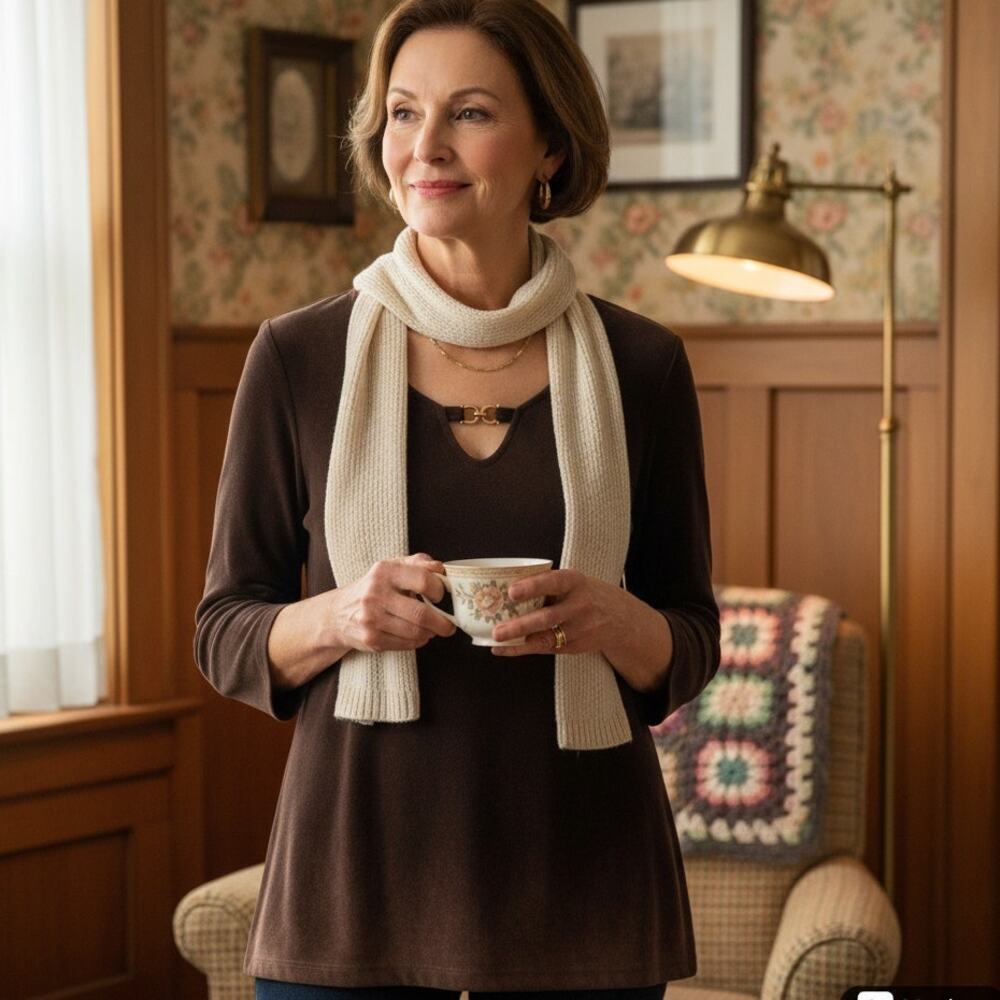 🍂Brown Soft‑Fade Vintage Knit Top 🍵Gold Accent ✨ Long Sleeve M – Choices